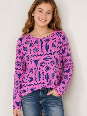 NEW Girls Western Graphic Pink Long Sleeve Top Cowgirl Rodeo Desert‎ Print Youth
